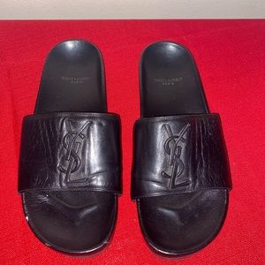 Saint Laurent Black Logo Embroidered Leather Slide